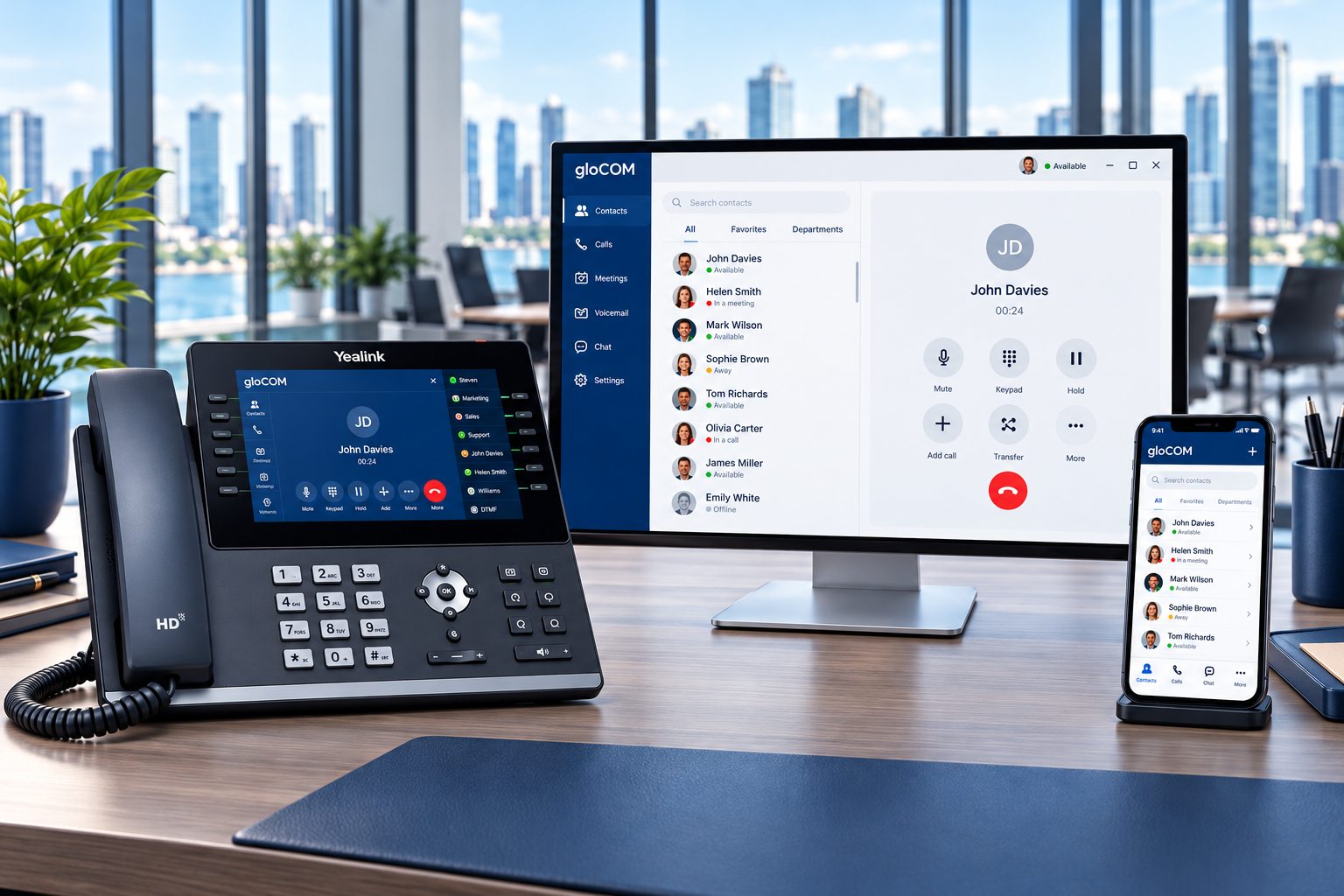 Yealink desk phone with gloCOM desktop and mobile apps in a professional office