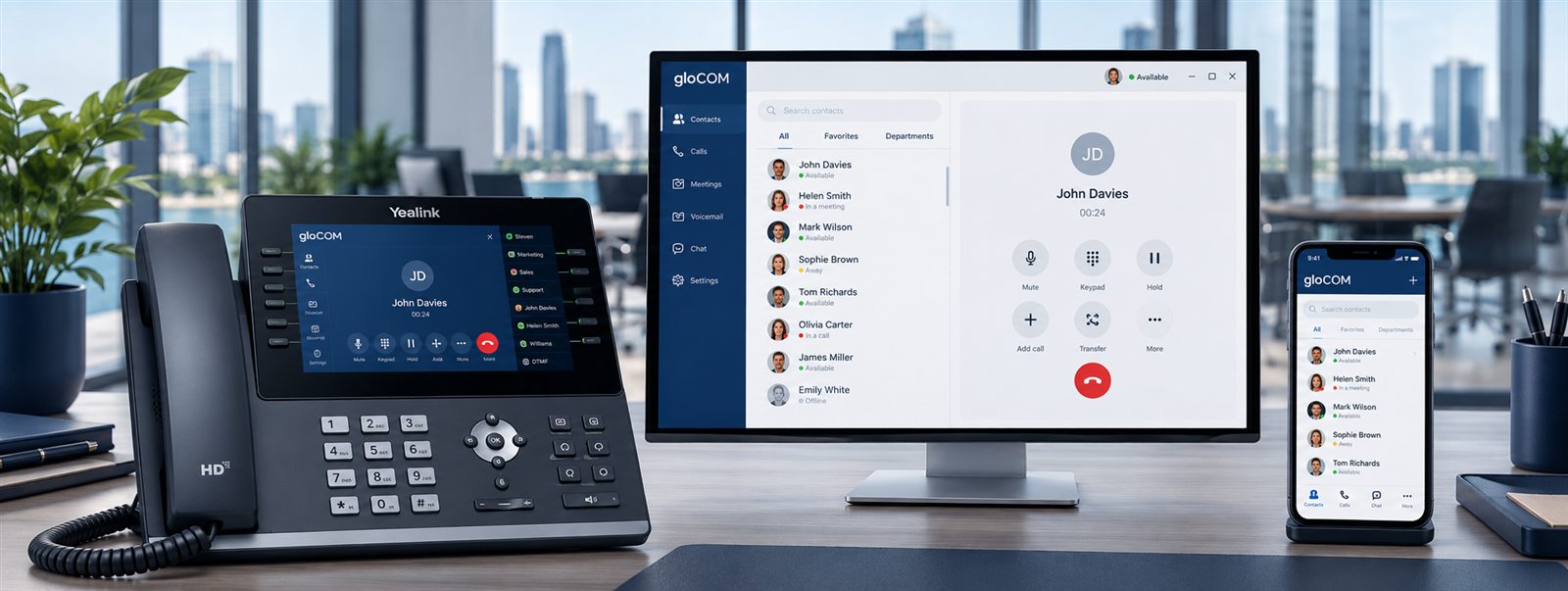 Yealink T85W desk phone with gloCOM desktop and mobile apps in a professional office