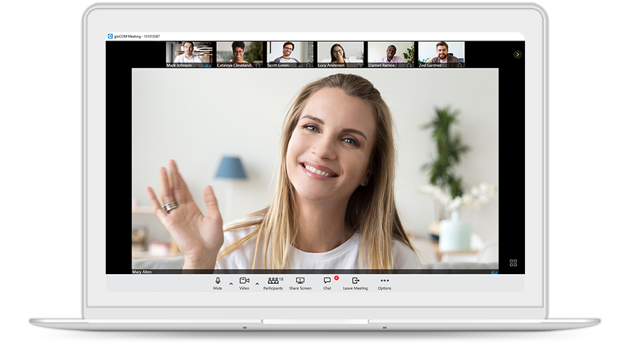 gloCOM meeting allows you to meet with multiple users simultaneously, while offering: Video Conferencing – in grid and speaker view, Audio Conferencing, Screen Sharing – specific application or whole screen sharing, Remote Control when screen sharing, and Group chat.