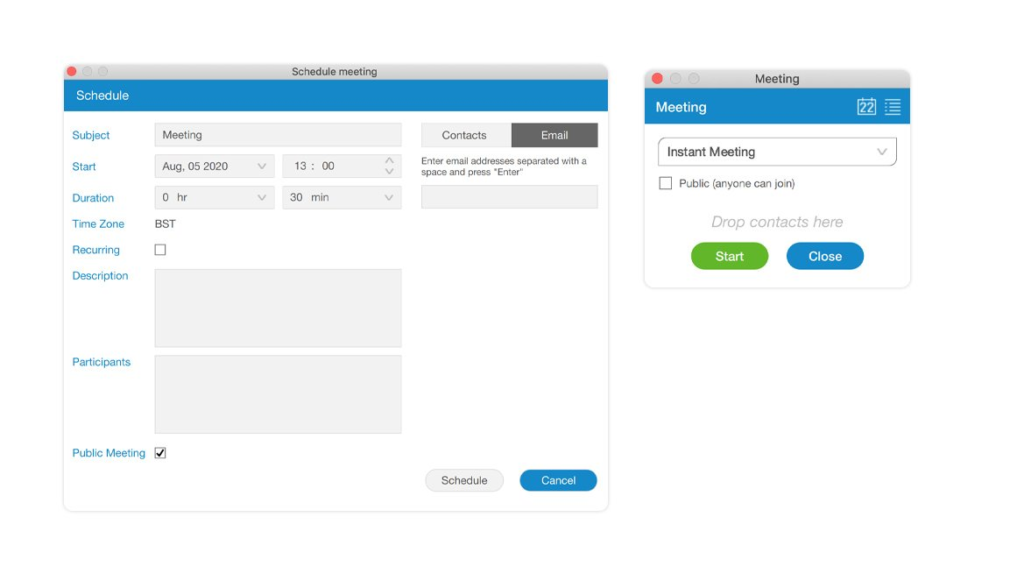 Public Meetings
Added support for public meetings. This is a meeting where everyone can join with the meeting number. There is no need to invite users. The public meeting checkbox is added in the meeting module window and in the schedule dialog. The user may change a meeting to and from regular and public during the meeting